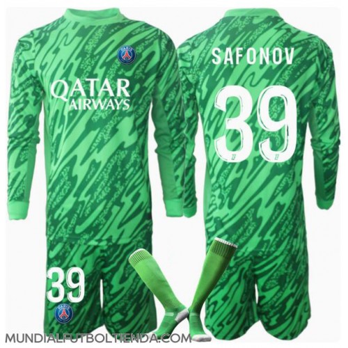 Camiseta Paris Saint-Germain Matvei Safonov #39 Portero Primera Equipación Replica 2024-25 para niños mangas largas (+ Pantalones cortos)